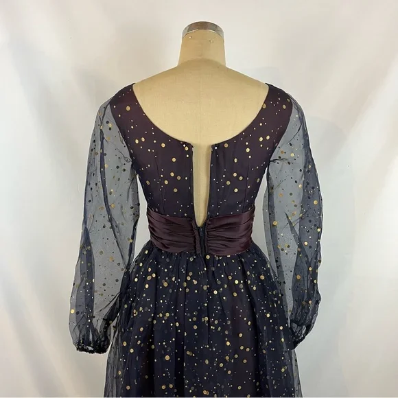 Vintage 50s Maxi Dress Navy & Gold Polka Dot Formal Gown XS/S - Picture 11 of 13